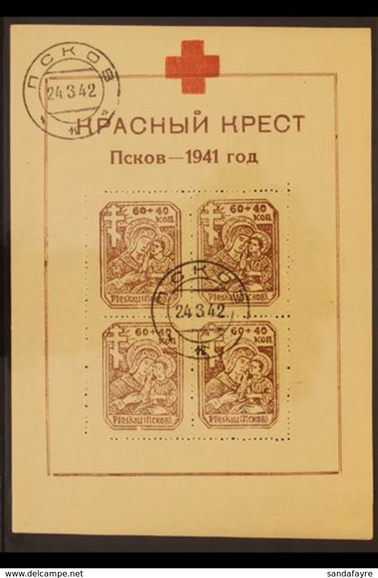 RUSSIA - OCCUPATION OF PLESKAU (PSKOW)  1942 (March) Red Cross Miniature Sheet On Yellowish Paper With 60+40k "Mary And  - Andere & Zonder Classificatie