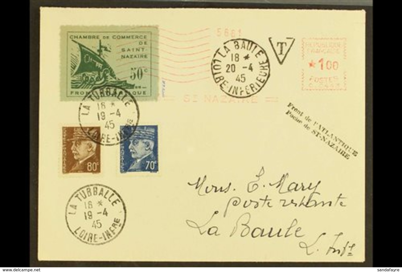 SAINT NAZAIRE  1945 (19 Apr) Cover Addressed To La Baule, Bearing St Nazaire 50c Green On Green Local Stamp (Michel 1),  - Other & Unclassified