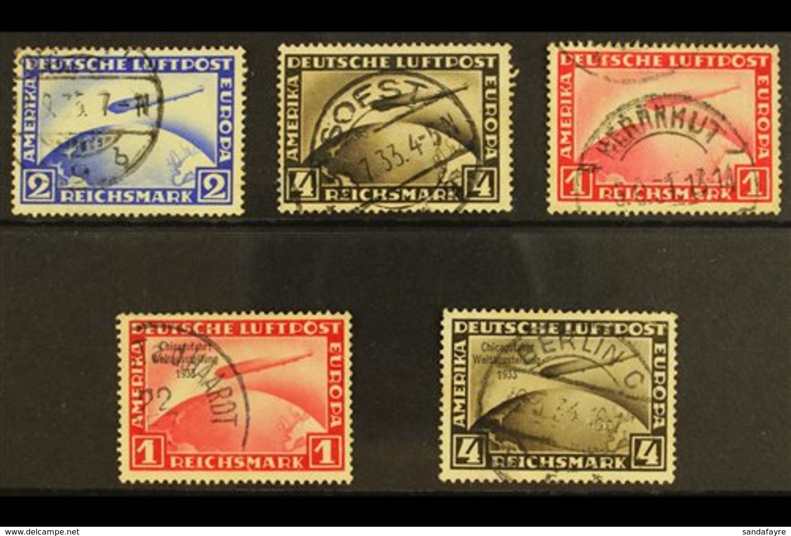 1928-33 ZEPPELIN USED GROUP  On A Stock Card, Inc 1928 2m Blue & 4m Sepia, 1931 1m Carmine, 1933 Chicago Exhibition 1m C - Autres & Non Classés