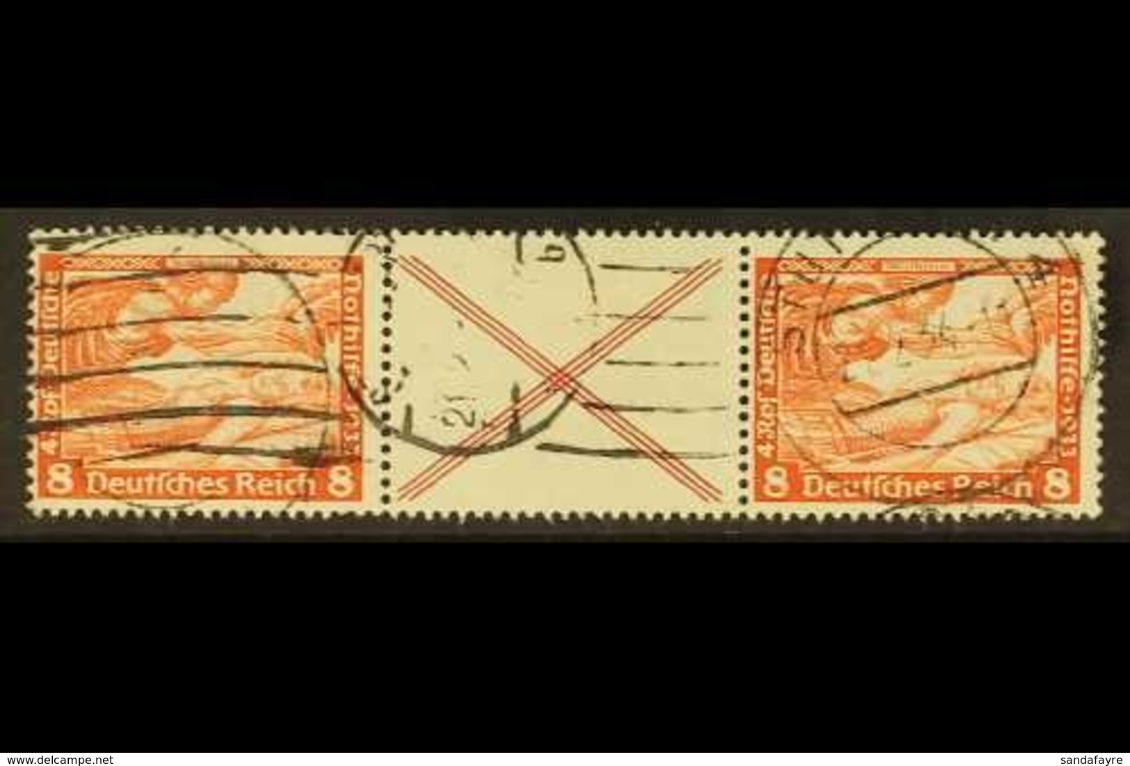 1933  8pf+label+8pf Orange-red Wagner Horizontal SE-TENANT STRIP, Michel W 54, Fine Used, Fresh & Scarce. For More Image - Andere & Zonder Classificatie