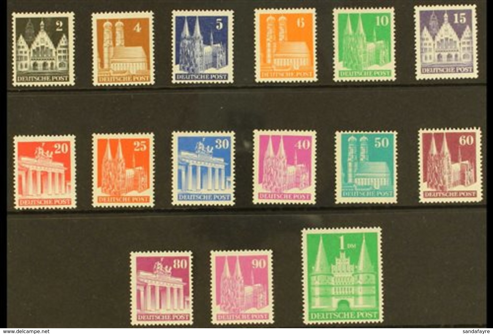 BRITISH & AMERICAN ZONES  1948-50 Buildings Perf 14 Complete Set (Michel 73eg/97eg, SG A108a/A132ba), Never Hinged Mint, - Other & Unclassified