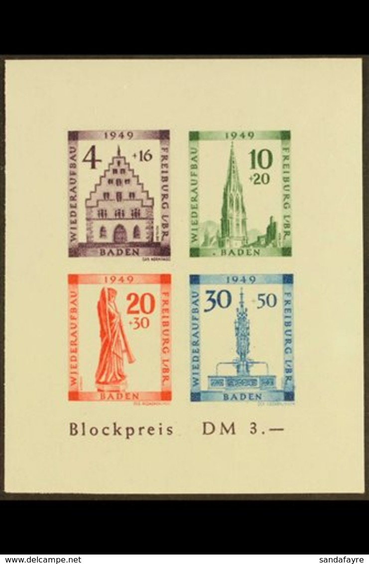 FRENCH ZONE  BADEN 1949 Freiburg Rebuilding Fund Imperf Mini-sheet With 10pf Stamp With Ink Spot On Left Next To "B" Of  - Other & Unclassified
