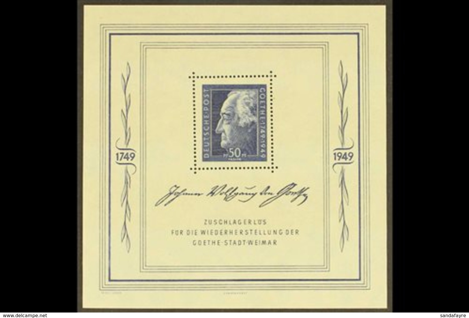 RUSSIAN ZONE  GENERAL ISSUES 1949 Goethe Festival Week Miniature Sheet (Mi Block 6, SG MSR59a) Very Fine Never Hinged Mi - Other & Unclassified