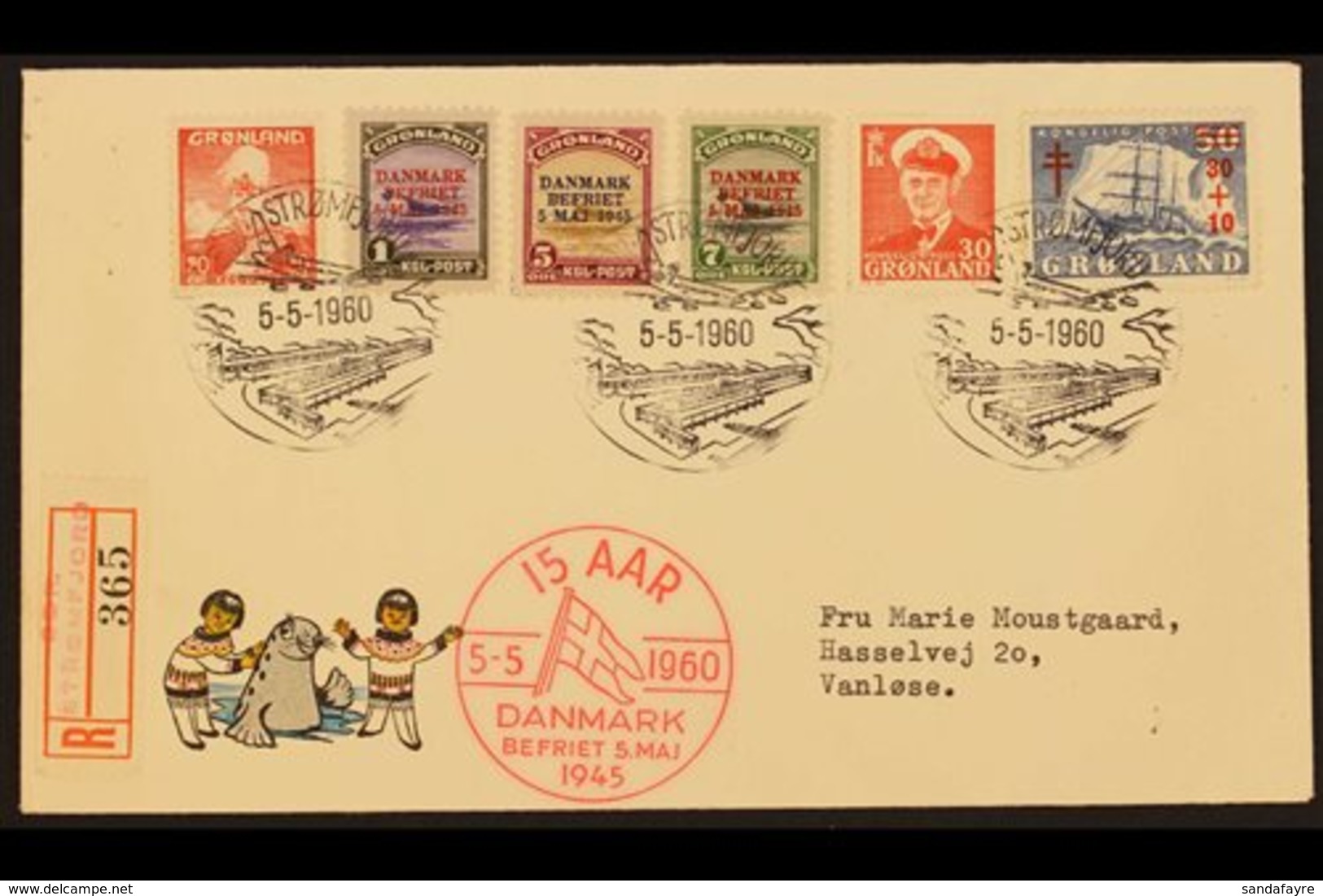 1945  "DANMARK BEFRIET" Overprints On 1 Ore, 5 Ore, And 7 Ore, SG 17/19, These On 1960 5th Anniversary Registered Cover  - Other & Unclassified