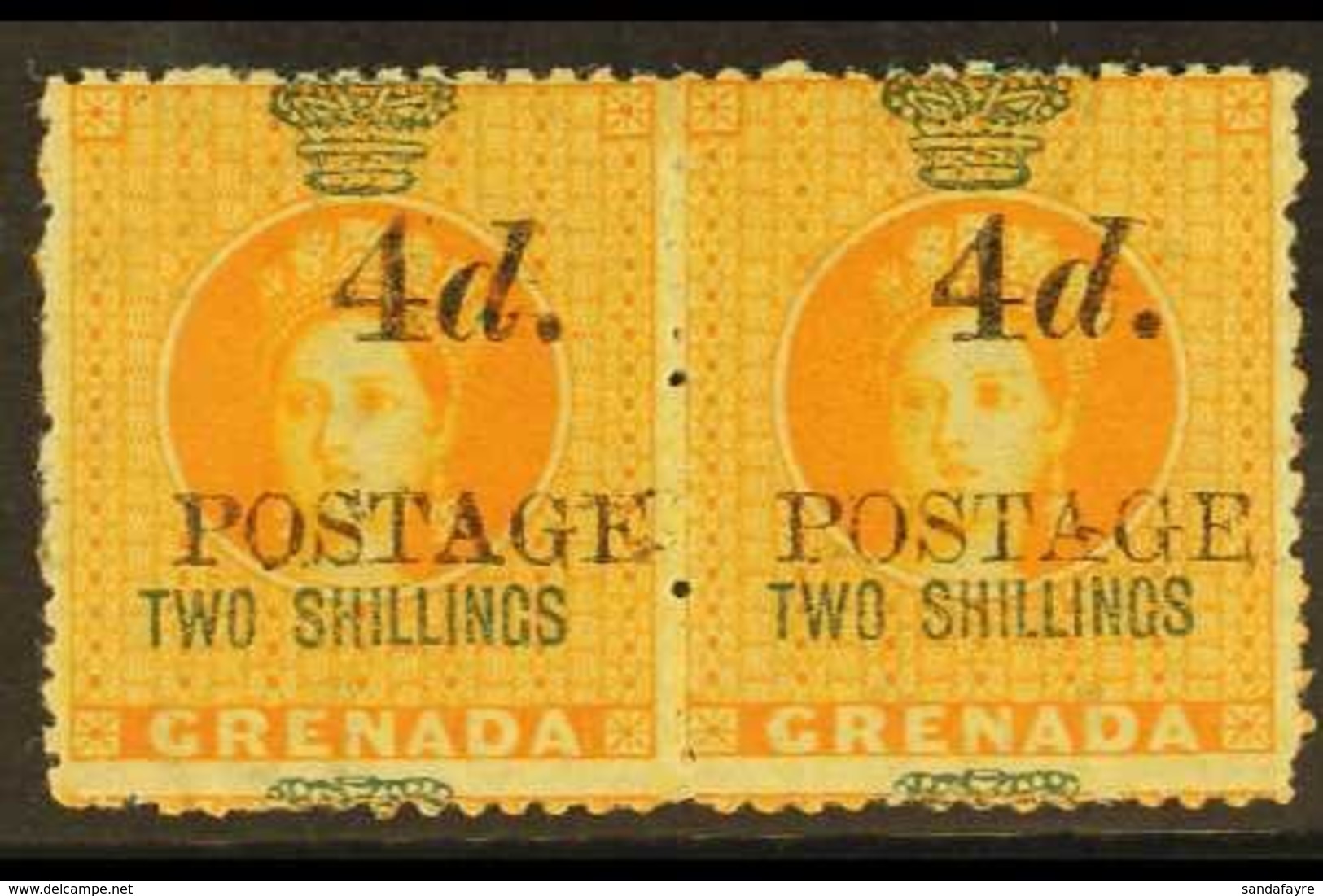 1888  4d On 2s Orange, 5mm Spacing, SG 42, Scarce Mint Pair. For More Images, Please Visit Http://www.sandafayre.com/ite - Grenada (...-1974)