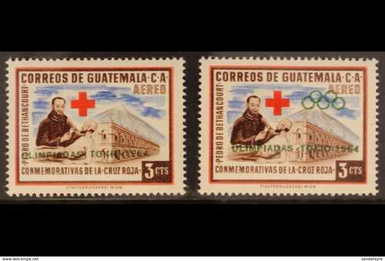 1964 VARIETY  3c Air Olympics Overprint On Red Cross Issue With OLYMPIC SYMBOL OMITTED Variety (Scott C285 Var, SG 710 V - Guatemala