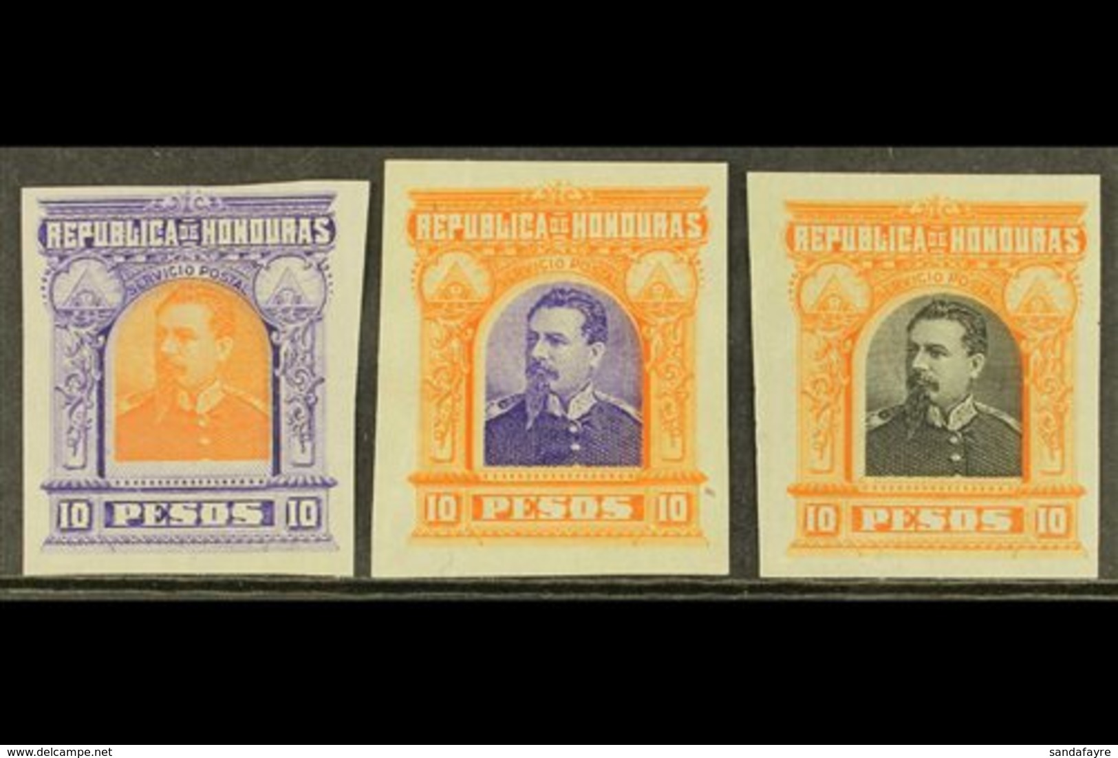 1891  10p President Brogan Large Design (as SG 69) - Three IMPERF PLATE PROOFS Printed In Different Colour Combinations  - Honduras