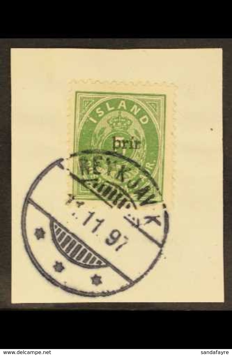 1897  5aur Green, Perf 12¾x12¾,  Overprinted "prir" In Small Black Letters, Fac. 36, Superb Used On Piece. For More Imag - Other & Unclassified