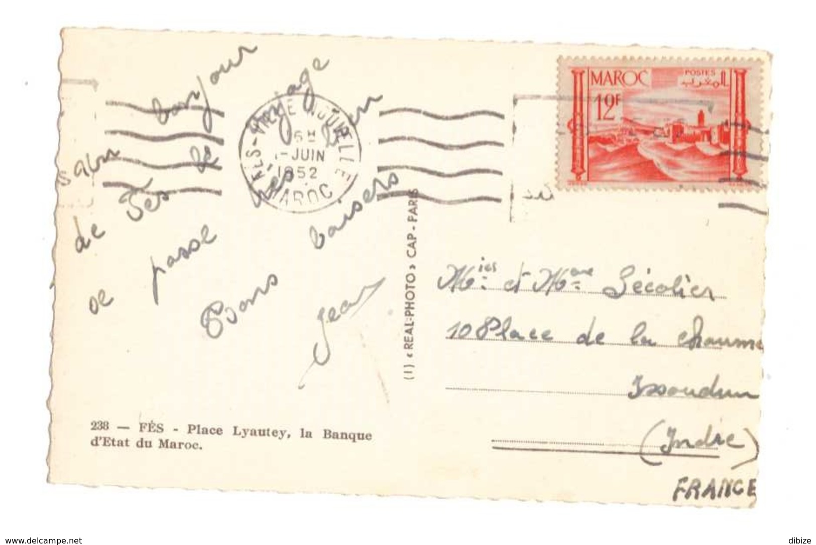 CPSM. Fès. Banque D'Etat Du Maroc Et Place Lyautey. Cachet 1952. Timbre. Circulé France. Bon état. - Banques