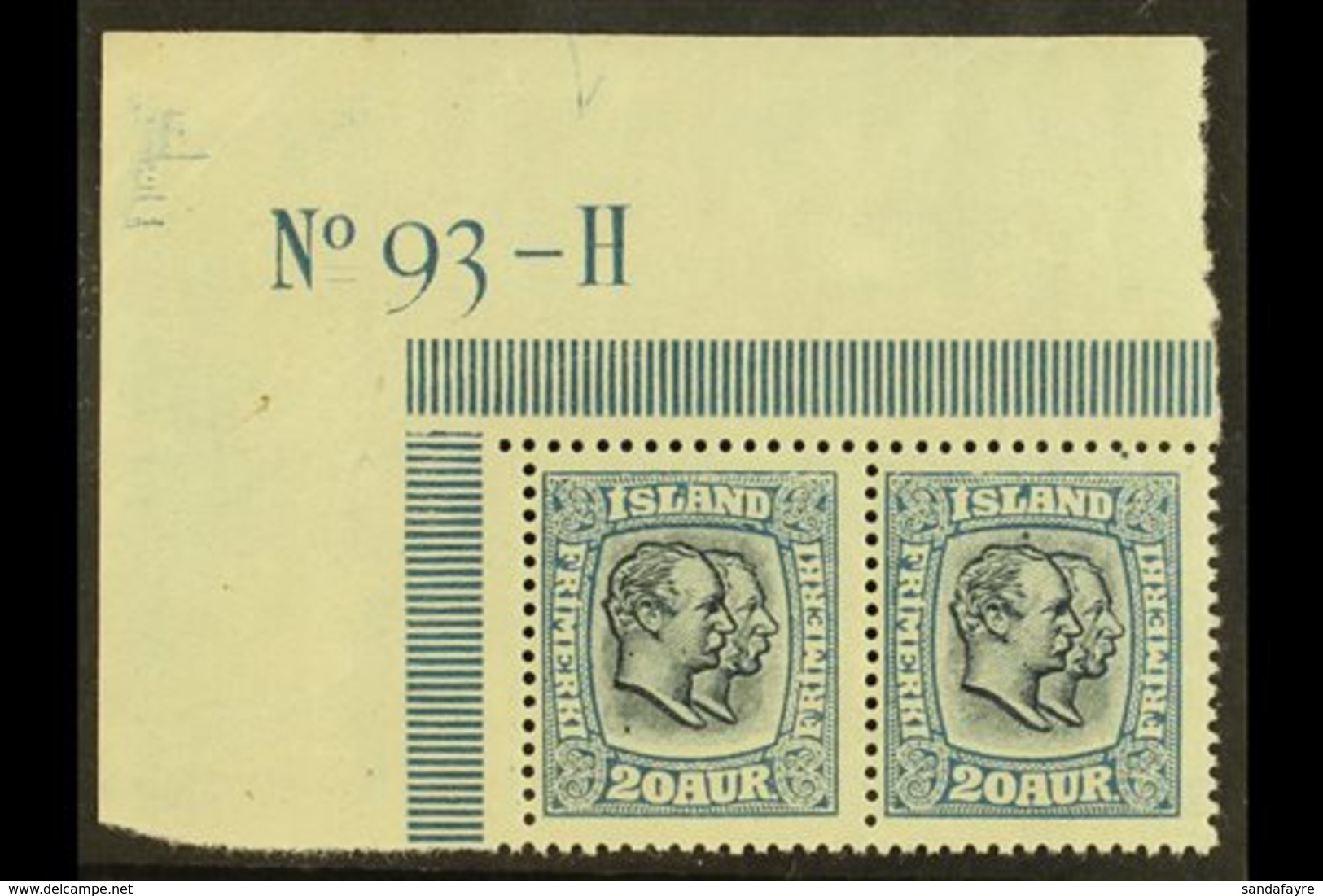 1914-18  20a Blue Kings (SG 115, Michel 82, Facit 97), Never Hinged Mint Top Left Corner Horiz PAIR With PLATE NUMBER 'N - Other & Unclassified