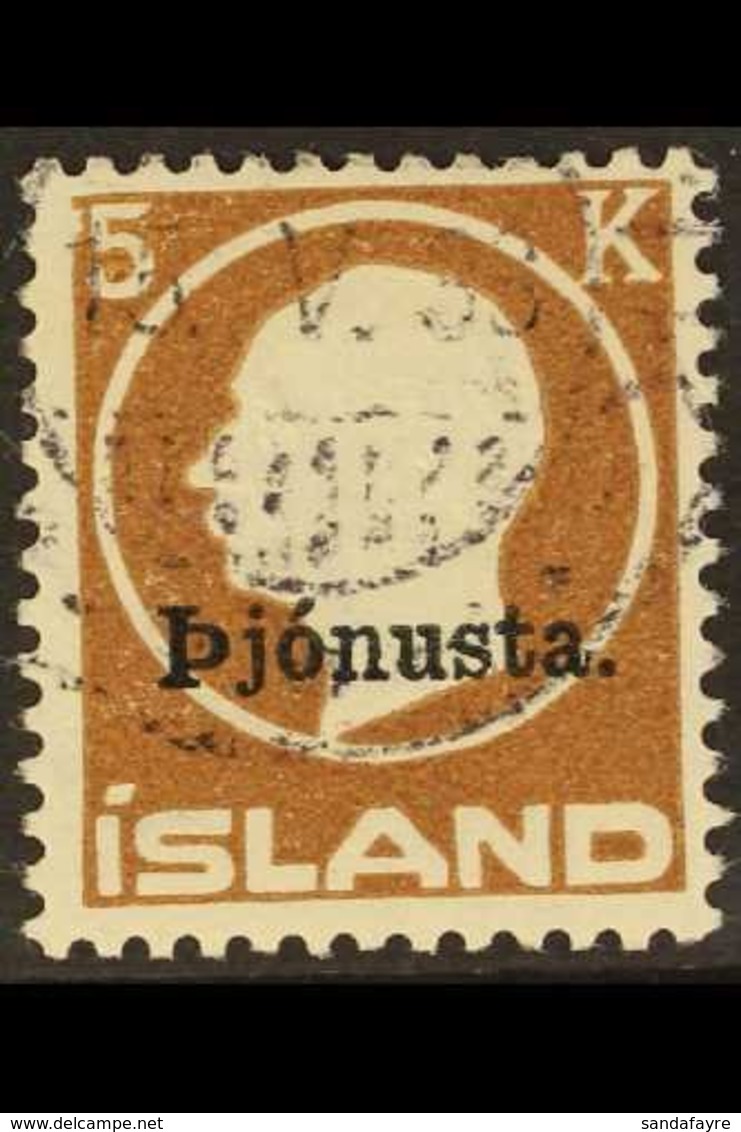 OFFICIALS  1922 5kr Brown, Frederik VIII Head, Ovptd "Pjonusta", Fac TJ54, Very Fine Used. For More Images, Please Visit - Other & Unclassified