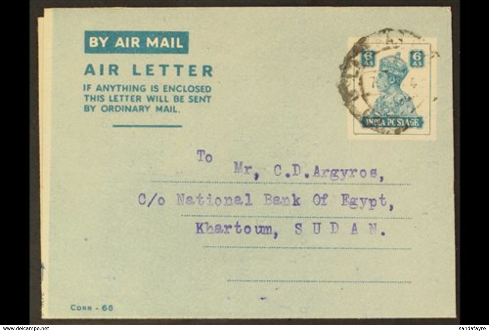 1946  (June 7th). 6a Blue Air Letter To Sudan (F& G 2) Bearing Sudan Air Mail Cds. Lovely (1 Aerogramme) For More Images - Other & Unclassified