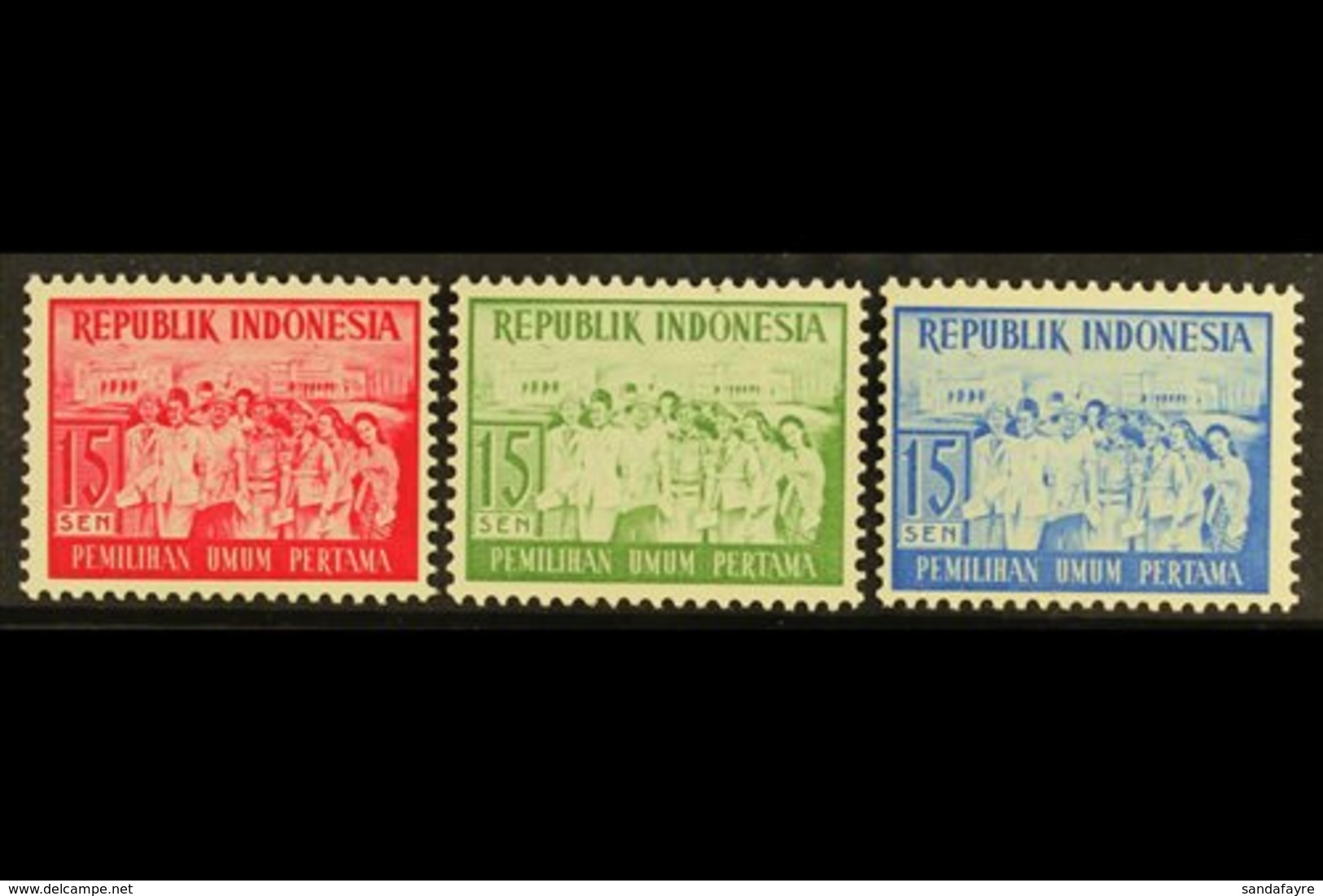 1955 RARE PROOFS.  15s Elections Perf PROOFS In Three Different Colours (red, Green & Blue) On Ungummed Paper, Catalogue - Indonesia