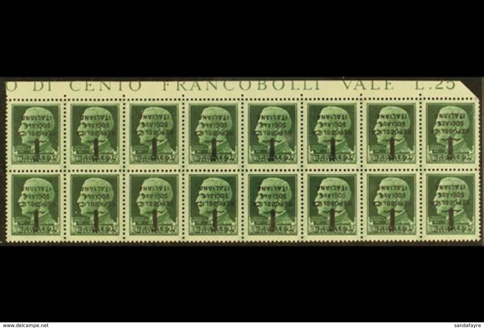 ITALIAN SOCIAL REPUBLIC (R.S.I.)  1944 25c Green Florence Overprint, With "OVERPRINT INVERTED" Variety, Sassone 491a, A  - Unclassified