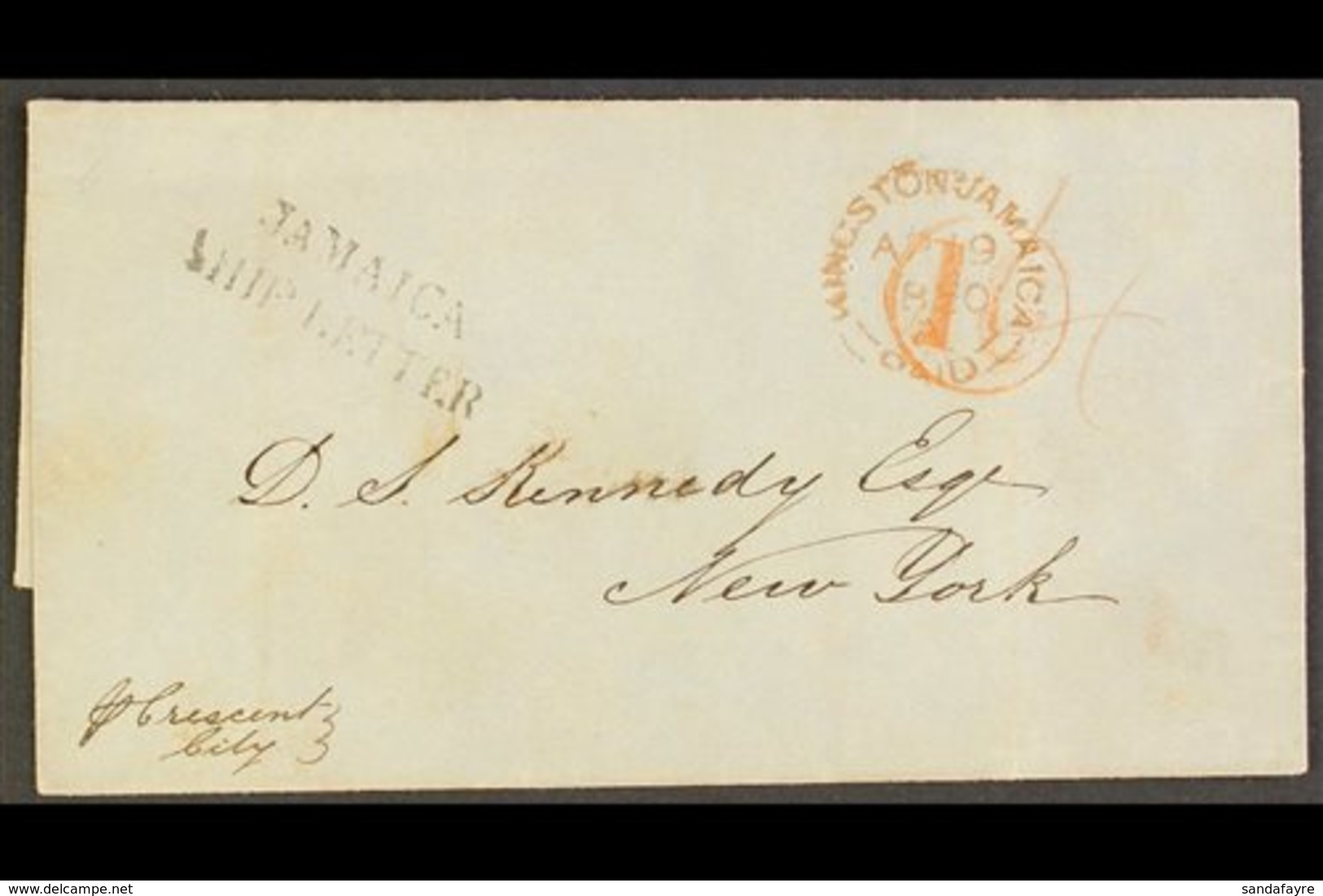 1850 JAMAICA SHIP LETTER  (April) Outer Wrapper To New York, "Pr Crescent City", Showing Good JAMAICA/SHIP LETTER, Red K - Jamaica (...-1961)