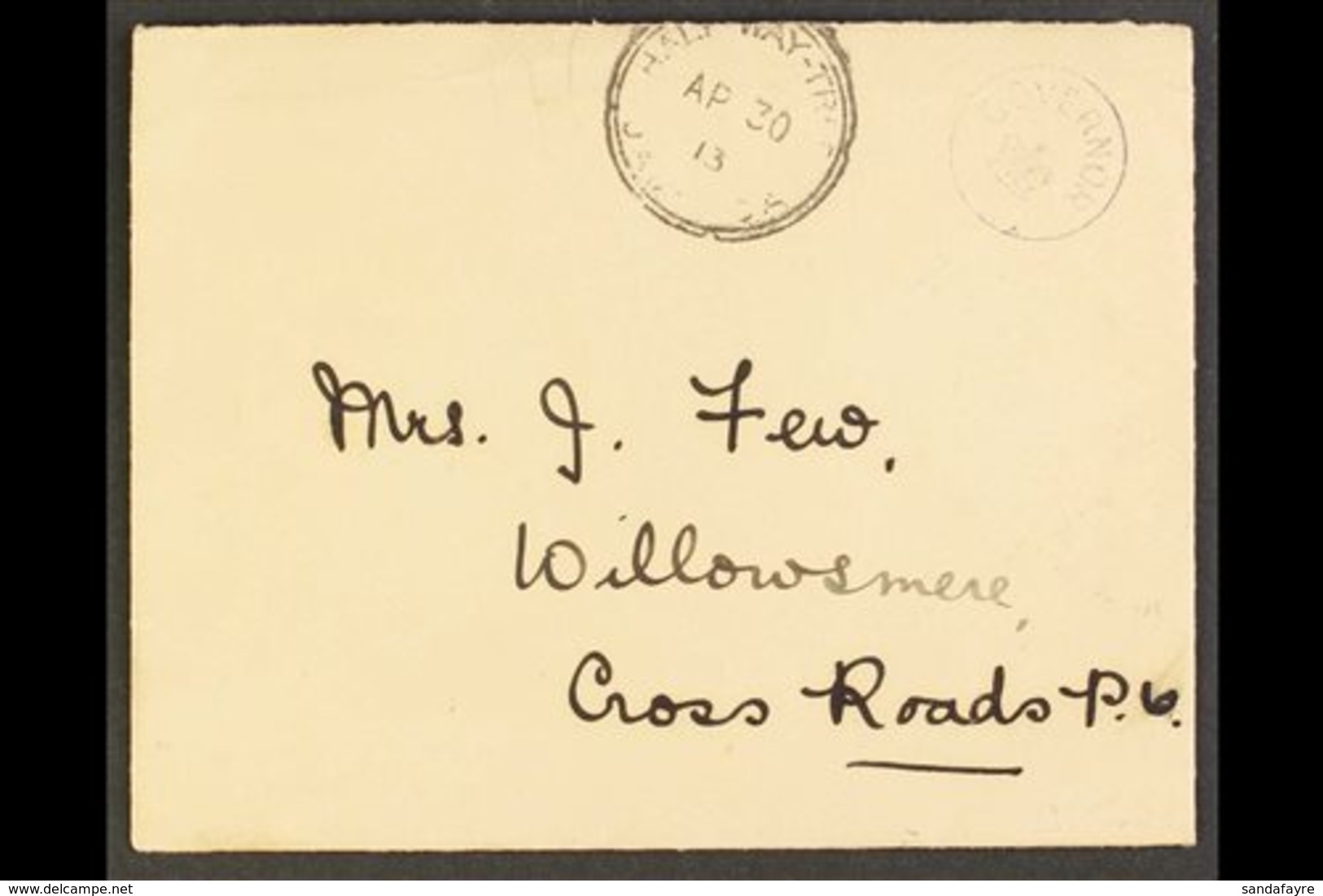 1913 RARE "GOVERNOR/CROWN" HAND STAMP ON KINGS HOUSE ENVELOPE TO CROSS ROADS  (April) Neat Envelope Showing A Good Viole - Jamaica (...-1961)