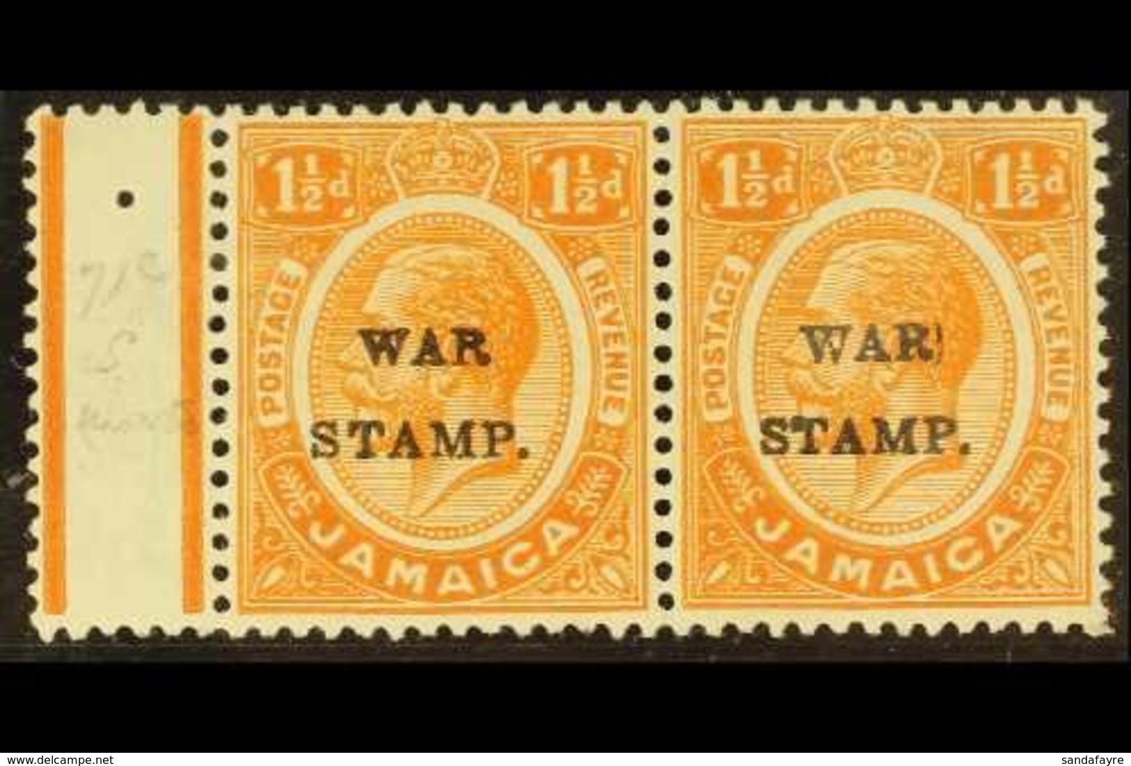 1916  1½d Orange War Stamp With "S" INSERTED BY HAND Variety, SG 71c, Very Fine Mint With Margin To Left, In Horizontal  - Jamaica (...-1961)