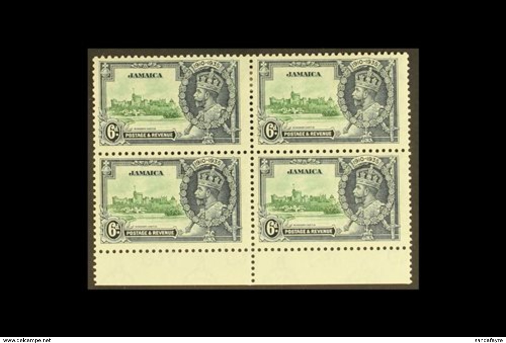 1935  6d Green And Indigo Jubilee, Variety "Extra Flagstaff", SG 116a, In A Mint Bottom Marginal Block Of 4. For More Im - Jamaica (...-1961)