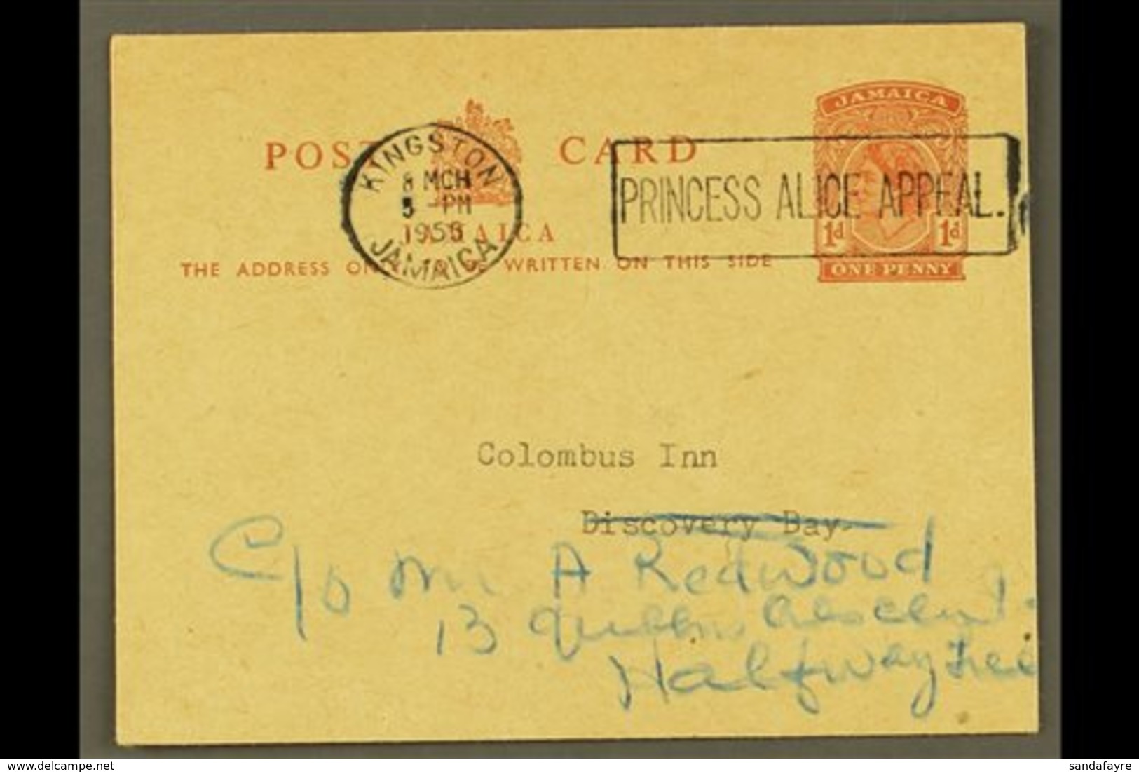 1955  (8 Mar) Locally Addressed 1d QEII Postal Card With Fine "PRINCESS ALICE APPEAL" Slogan Cancel. For More Images, Pl - Jamaica (...-1961)