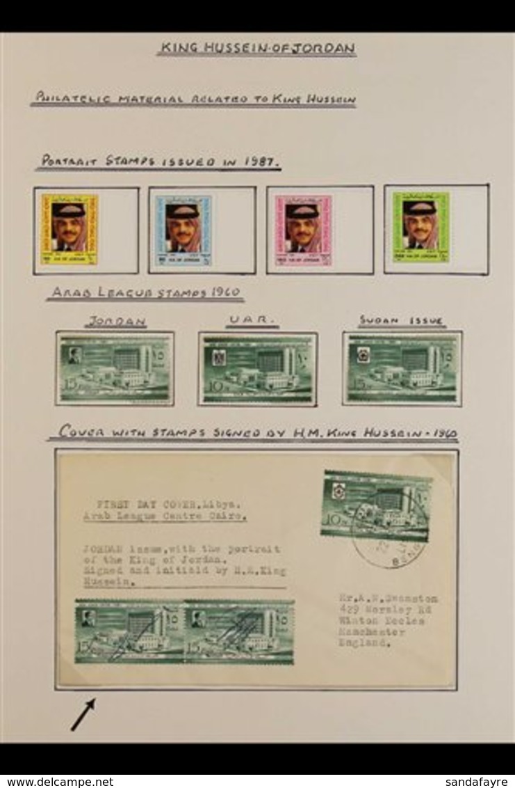 1960 KING HUSSEIN SIGNED  An Exhibition Page Bearing Seven Of Stamps & A 1960 Arab League First Day Cover Bearing A Pair - Jordan