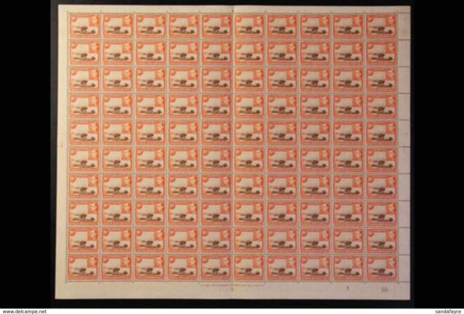 1938-54  10c Red-brown & Orange Perf 13x11¾, SG 134, Never Hinged Mint COMPLETE SHEET Of 100 With De La Rue Imprint And  - Vide