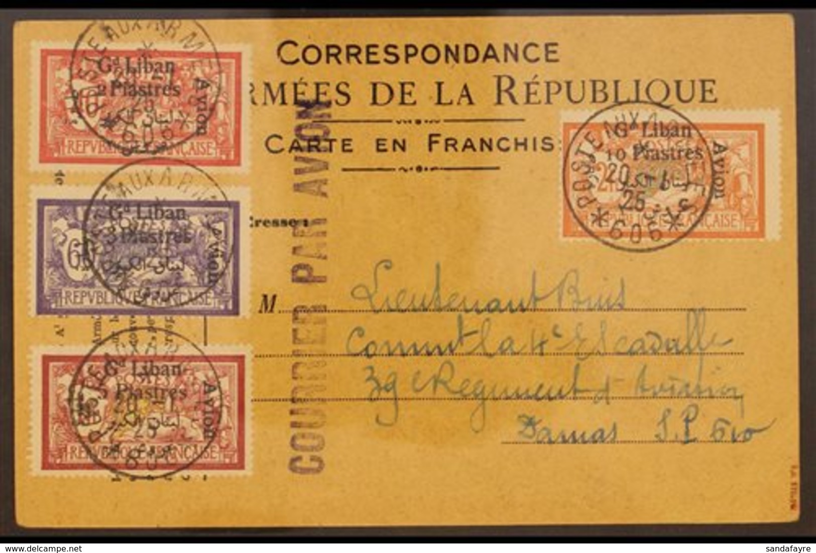 1924  Flown Card To Damascus Franked 1924 Air Set Complete (SG 54/7), Tied By Poste Aux Armees 606 20 - 1 25 Cds. Superb - Lebanon