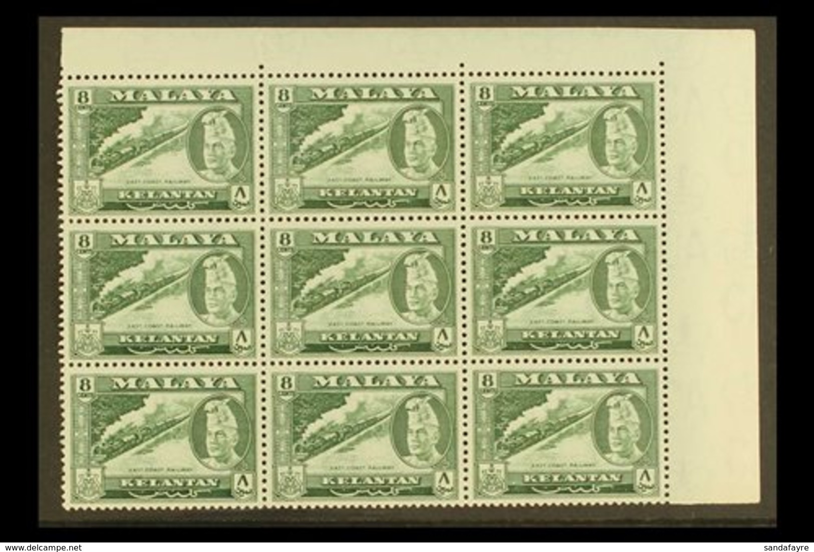 KELANTAN  1961 8c East Coast Railway In Deep Green, SG 100a, Superb NHM Corner Block Of 9. For More Images, Please Visit - Other & Unclassified