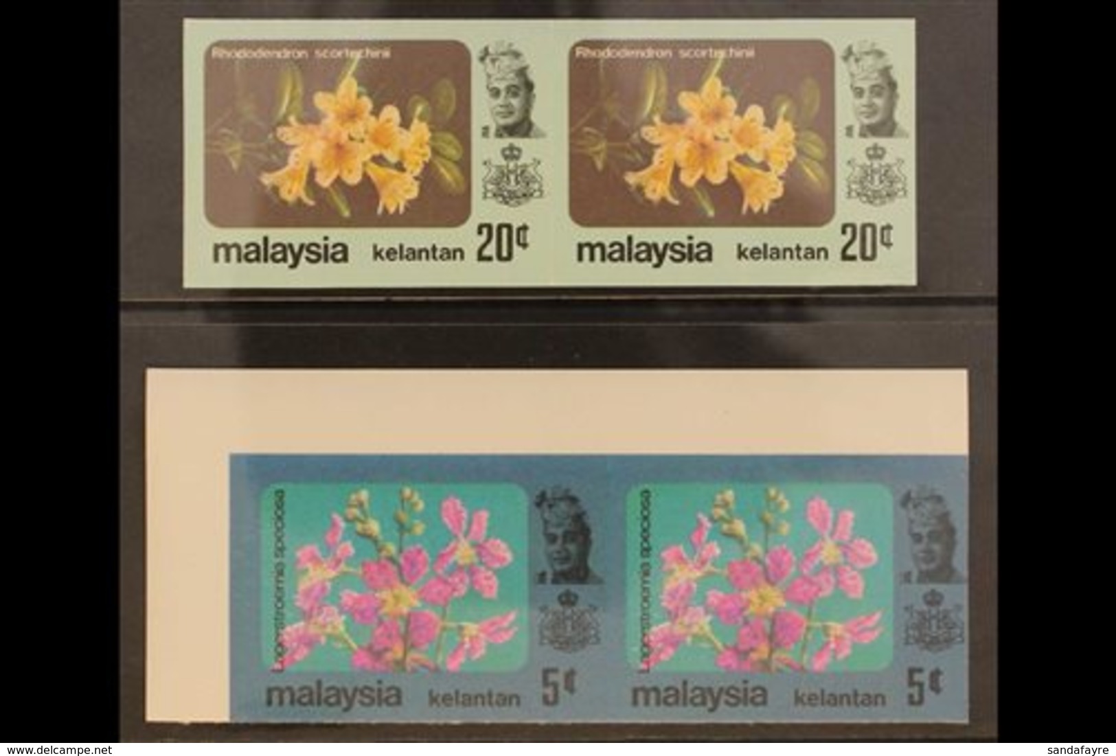 KELANTAN  1979 5c & 20c Flowers Horizontal IMPERF PAIRS (SG 125 & 128), Superb Never Hinged Mint, Very Fresh. (2 Pairs = - Andere & Zonder Classificatie
