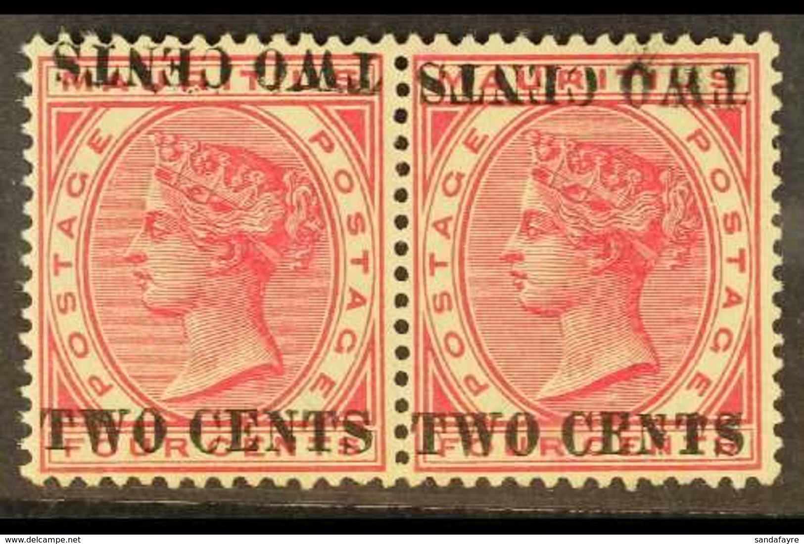 1891  2c On 4c Carmine, Variety "surcharge Double, One Inverted", SG 118c, Superb Mint Pair. For More Images, Please Vis - Maurice (...-1967)