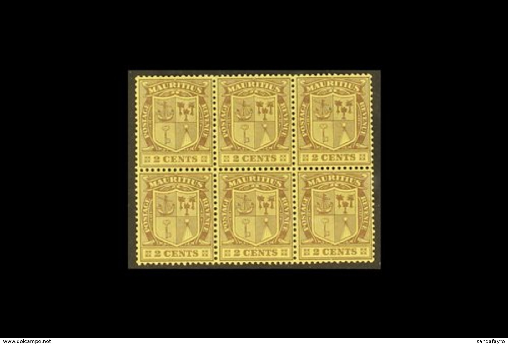 1921  2c Purple On Yellow, Wmk Script, Variety "Wmk Inverted", SG 207w, Never Hinged Mint, Block Of 6. For More Images,  - Mauritius (...-1967)