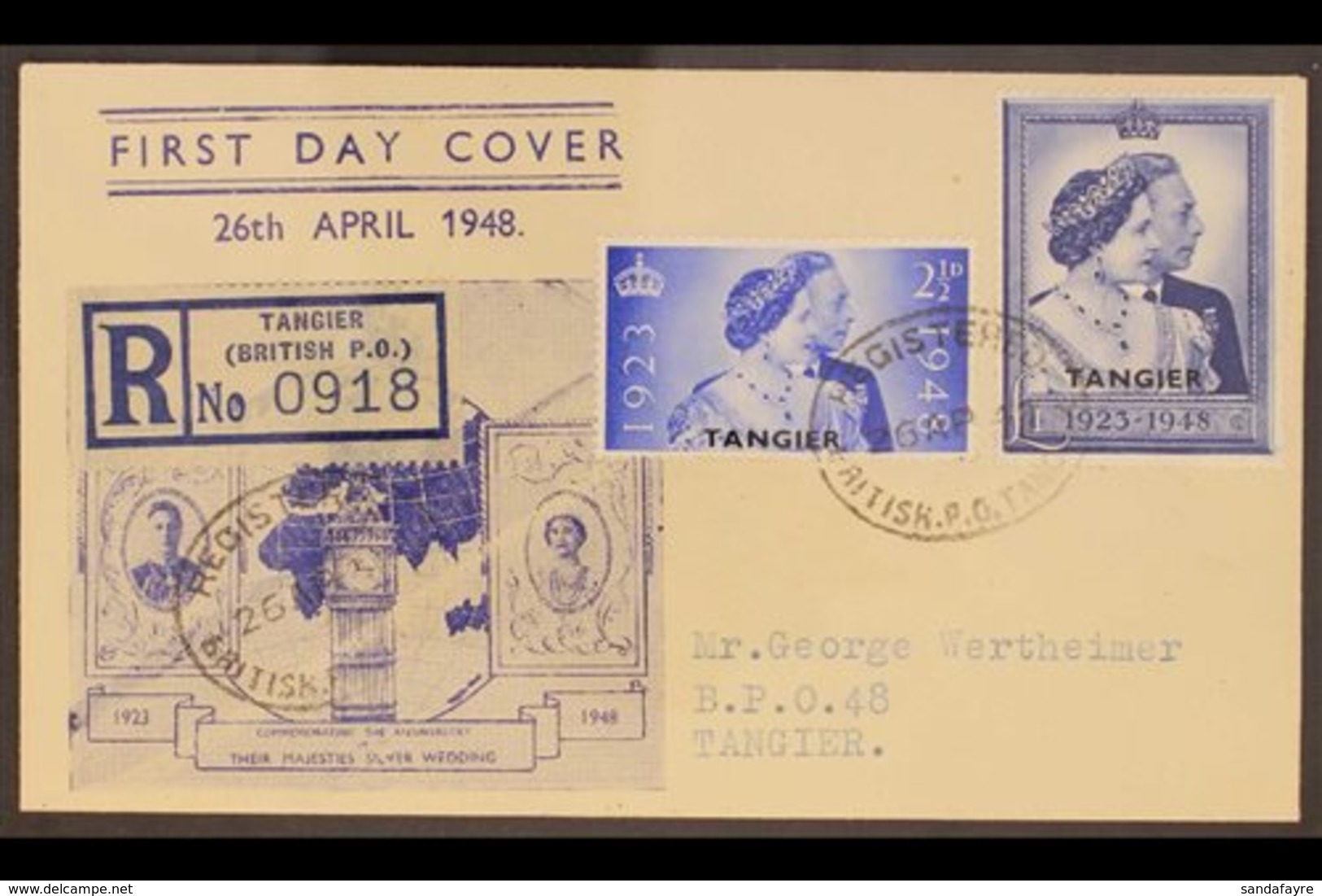 TANGIER  1948 Royal Silver Wedding Complete Set, SG 255/256, On Illustrated & Registered First Day Cover, Tied By Fine O - Other & Unclassified