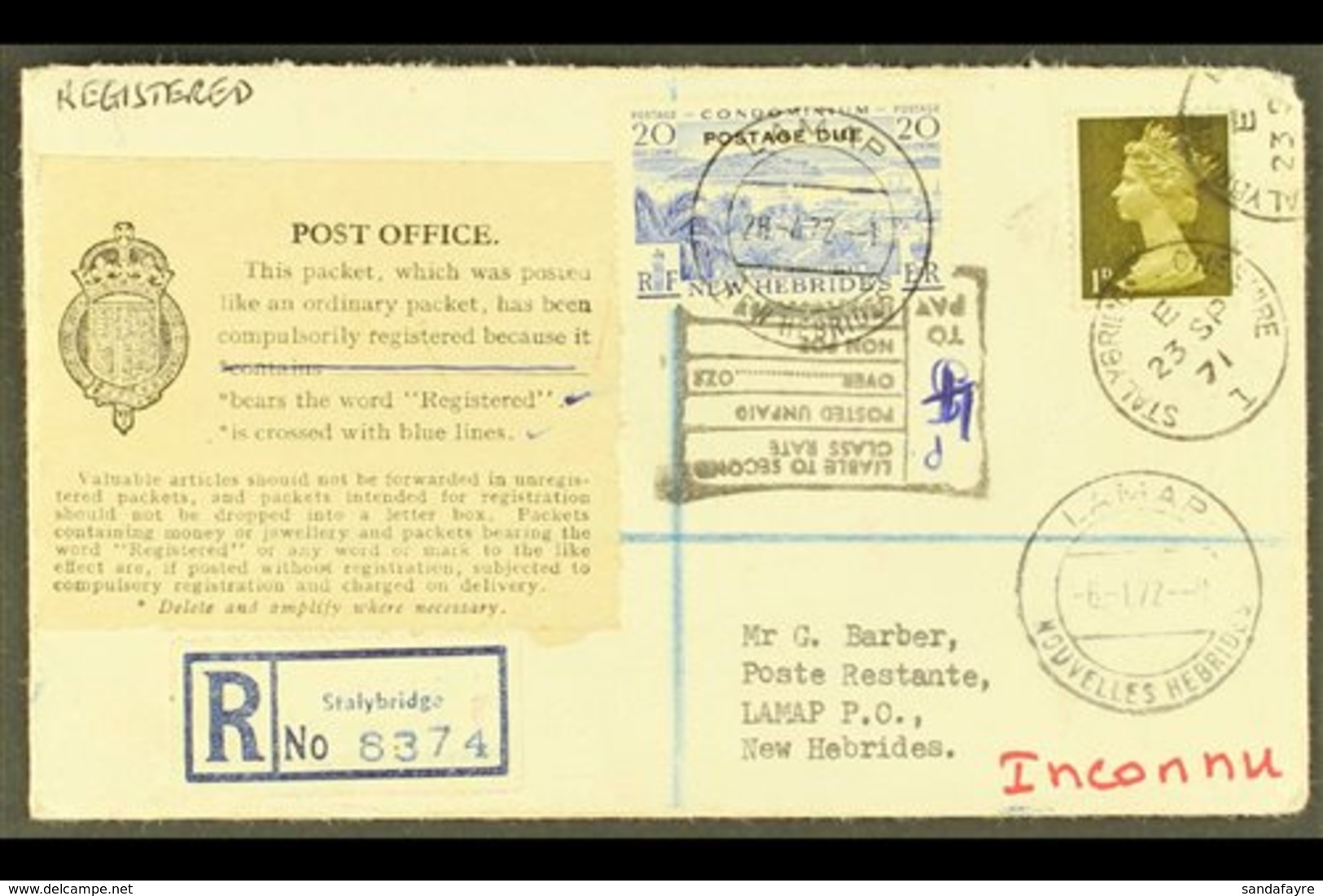 ENGLISH  1972 Inward Envelope Registered From England To Lamap, Where Some Seven Months Later A 20c Postage Due Stamp Ap - Other & Unclassified