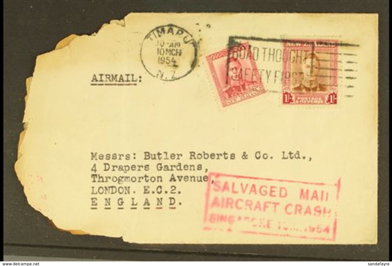 1954 AIR CRASH COVER  1954 (13 March) Cover From Timaru To London Bearing KGVI 6d Plus 1s Tied By "ROAD THOUGHT / SAFETY - Other & Unclassified