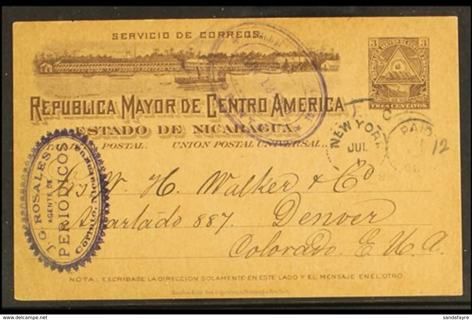 POSTAL STATIONERY  1899 3c Grey Postal Stationery Card To Colorado, USA, With Violet Oval CORINTO Postmark, New York Tra - Nicaragua