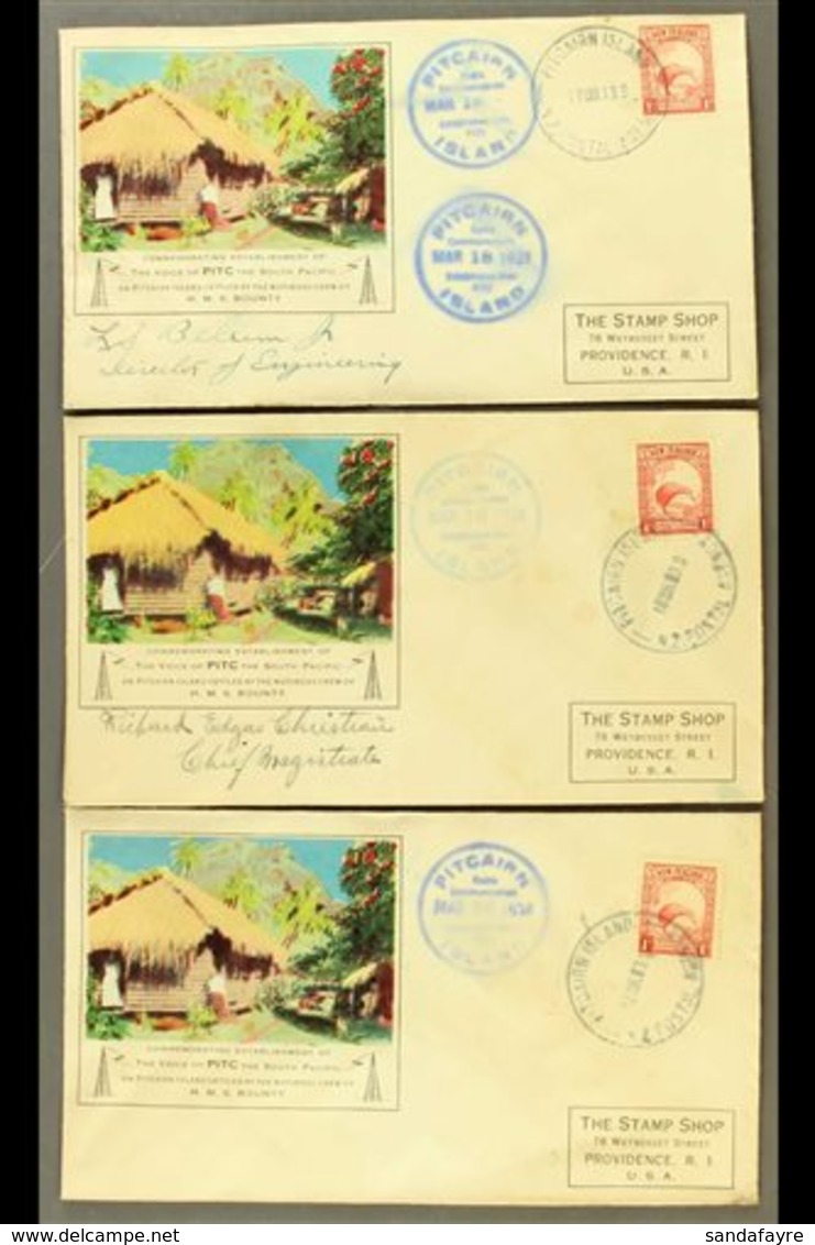 1938  Three Special Cacheted "Pitcairn Island / Radio Communication" Covers, Each Bearing New Zealand 1d Stamp Tied By " - Pitcairn Islands