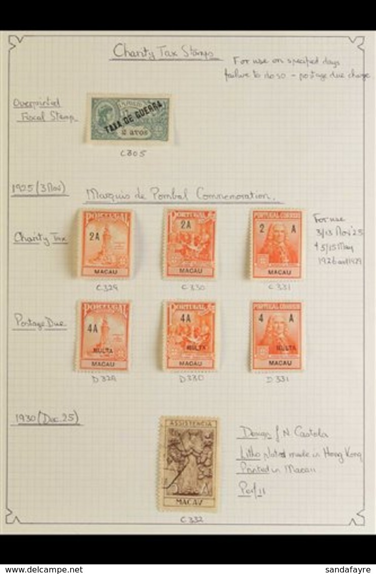 MACAU  CHARITY TAX STAMPS 1919-1966 Mostly Mint/unused (no Gum As Issued) Collection On Leaves, Includes 1925 Pombal Bot - Autres & Non Classés