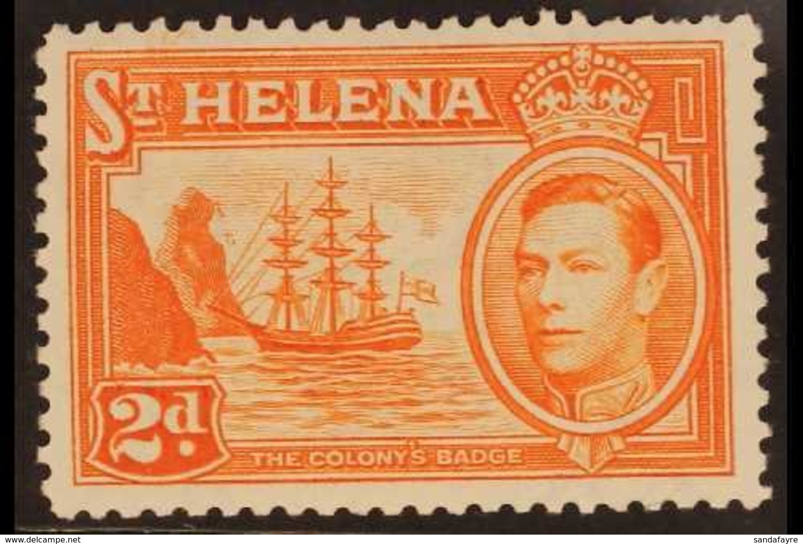 1938-44  2d Red-orange, FALLING ROCKS VARIETY (ink Flaw Between Rock & Ship's Sails), SG 134var, Blunt Perfs At Top, Fin - Saint Helena Island