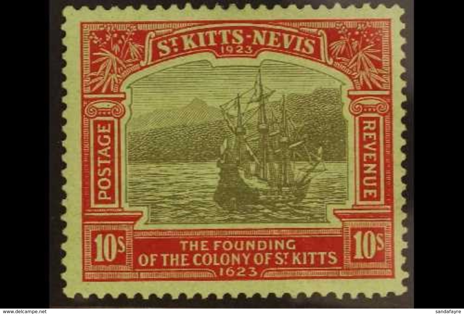 1923  10s Black & Red On Emerald, Tercentenary Of Colony, SG 58, Fine Mint. For More Images, Please Visit Http://www.san - St.Kitts And Nevis ( 1983-...)