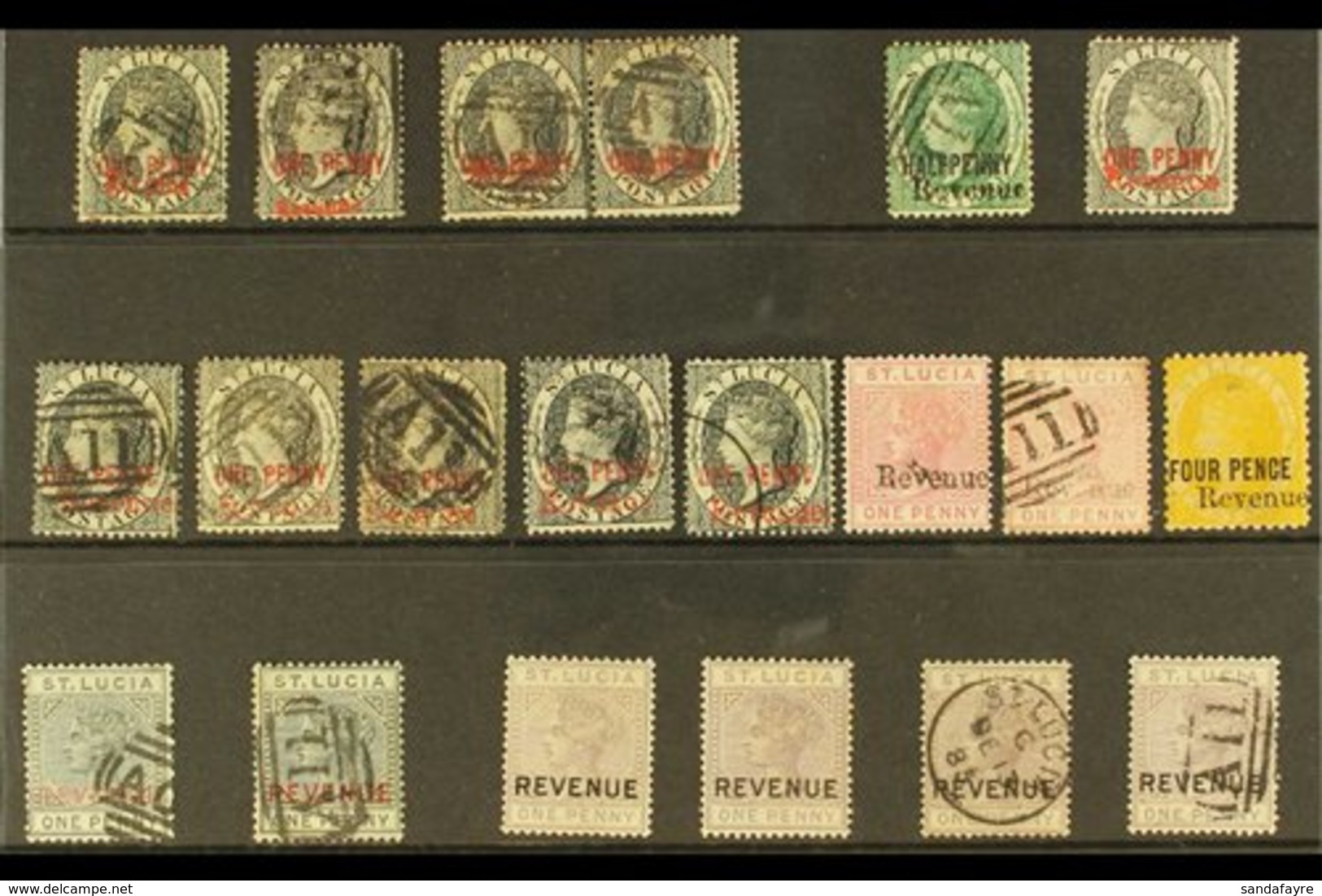 1883-1885 POSTAL FISCAL STAMPS  Mostly Used Range On A Stockcard. With 1883 (11mm Overprint) 1d Black (4, Including A Pa - St.Lucia (...-1978)