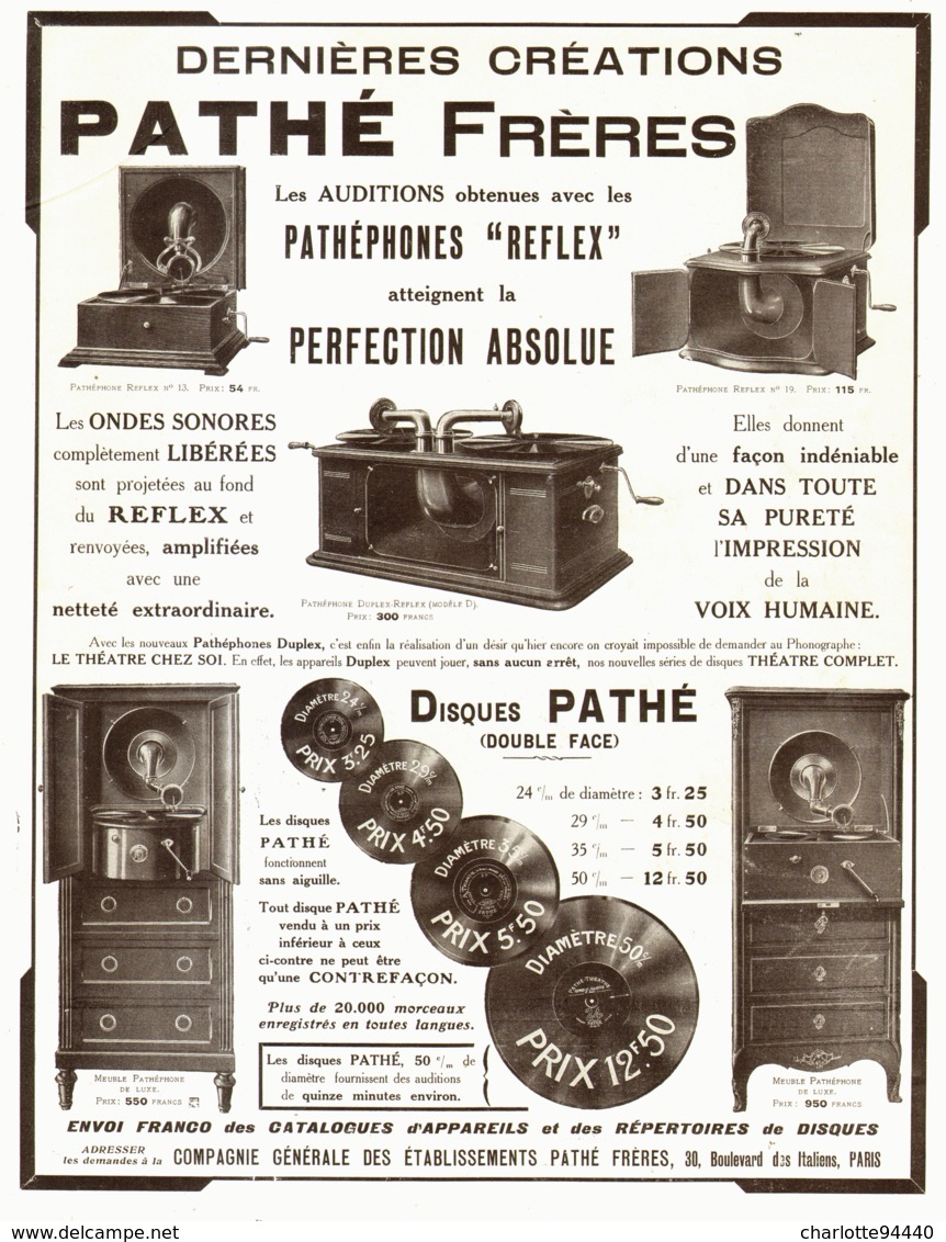 PUB DERNIERES CREATIONS  " PATHE Fréres " PATHEPHONES  1913 - Autres & Non Classés