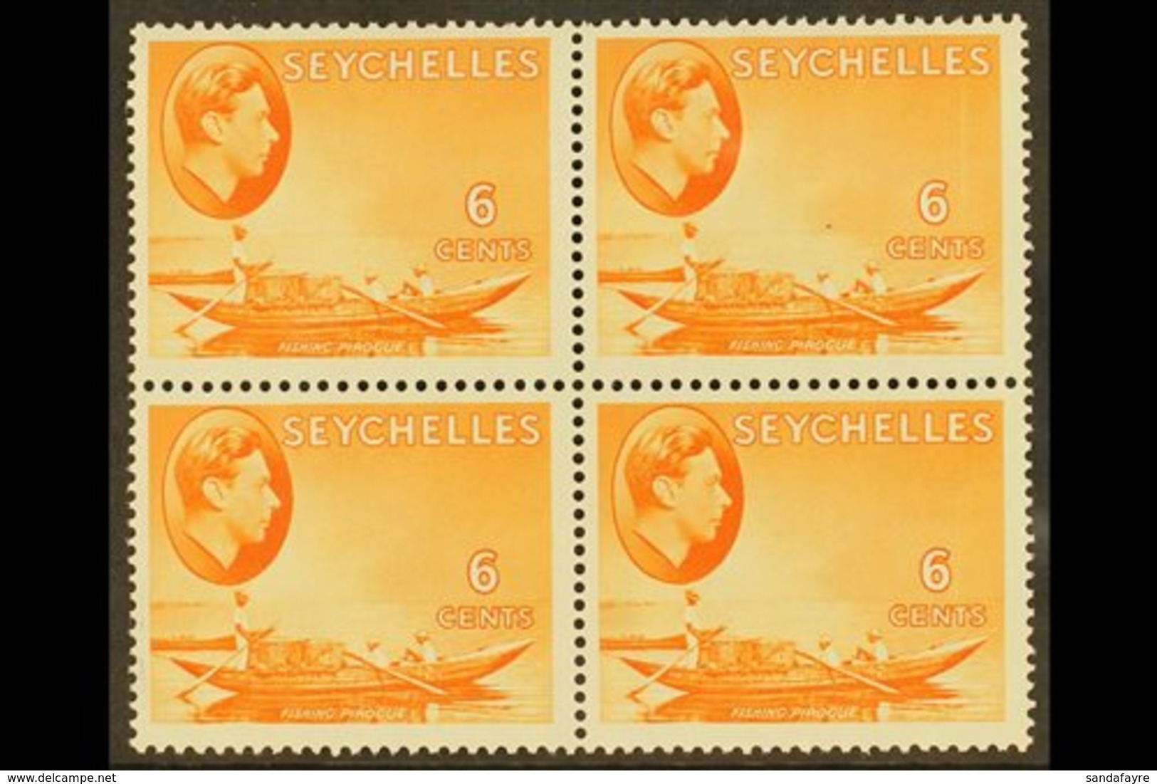 1938-49 NHM MULTIPLE  6c Orange On Chalky Paper, SG 137, Block Of 4, Never Hinged Mint. Lovely, Post Office Fresh Condit - Seychelles (...-1976)