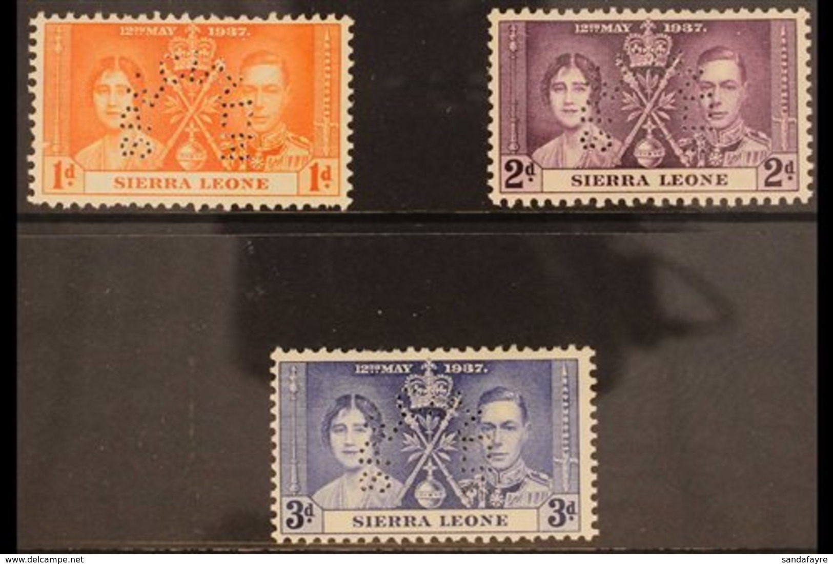 1937 CORONATION SPECIMENS.  A Coronation Set, Perforated "Specimen", SG 185s/7s, Very Fine Mint. (3 Stamps) For More Ima - Sierra Leone (...-1960)