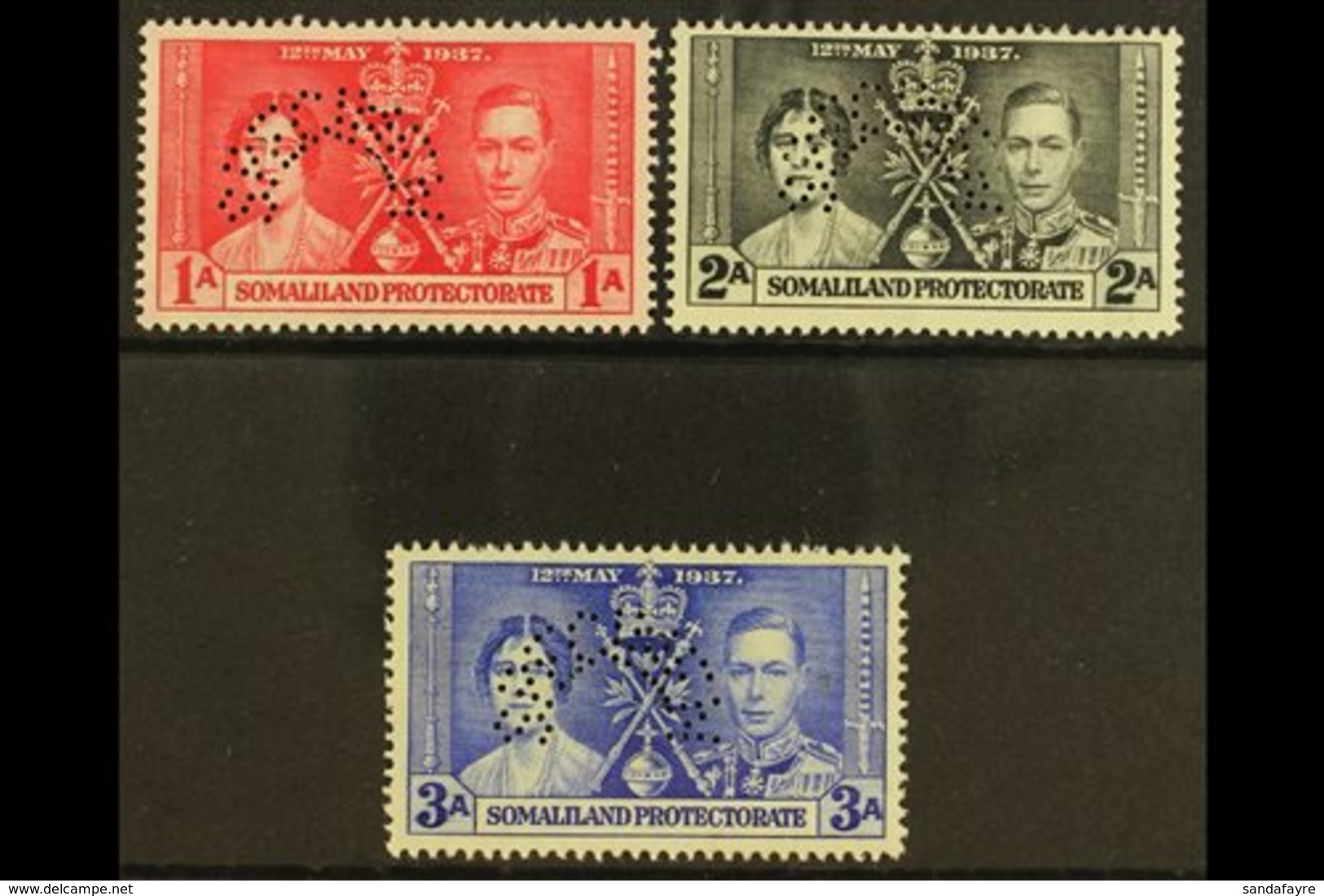1937  Coronation Set Complete, Perforated "Specimen", SG 90s/92s, Very Fine Mint Part Og. (3 Stamps) For More Images, Pl - Somaliland (Protectorate ...-1959)