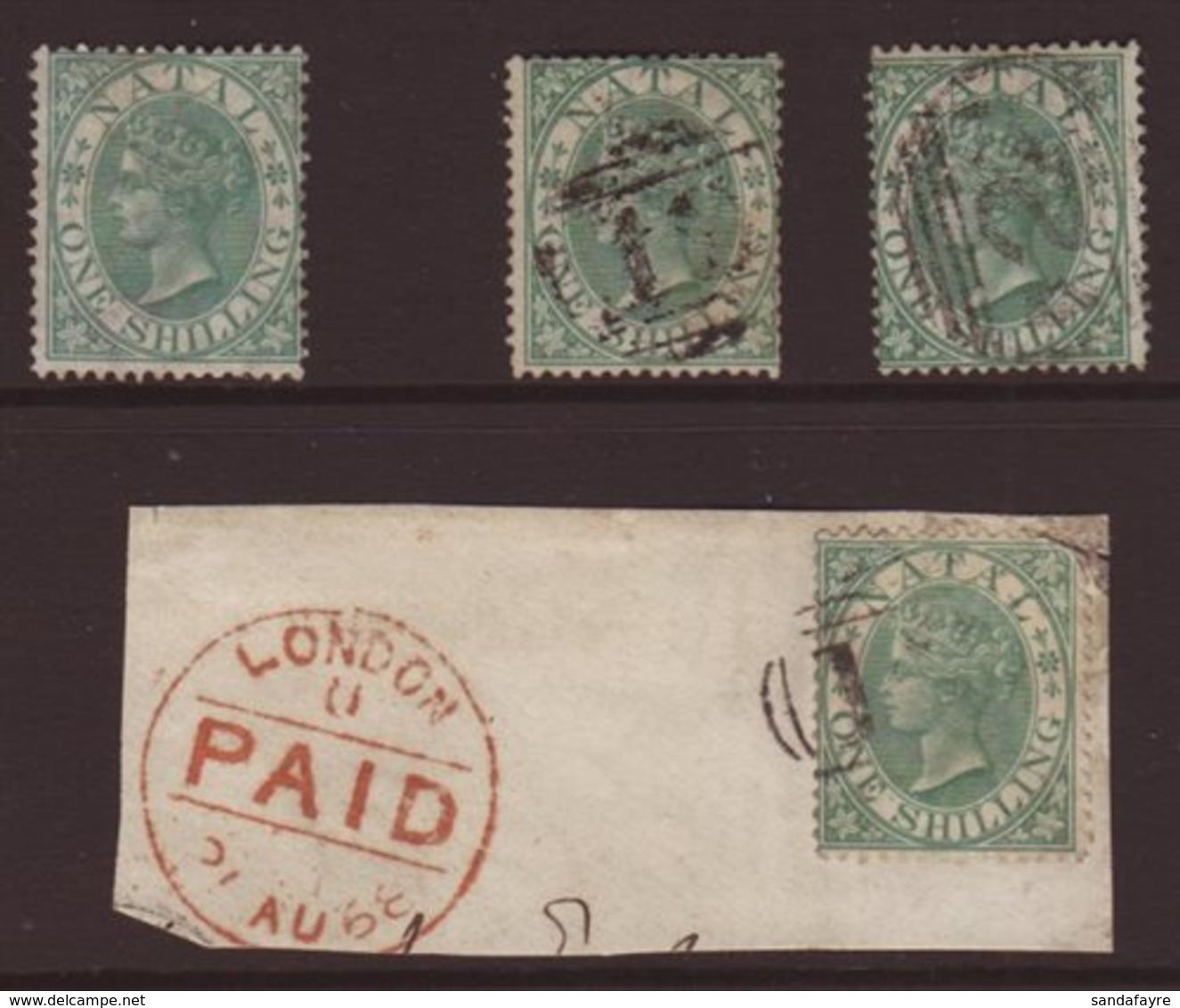 NATAL  1867 1s Green SG 25, A Fresh Unused Example, And Three Used (one On Piece) Displaying Numeral Cancels. (4 Stamps) - Unclassified