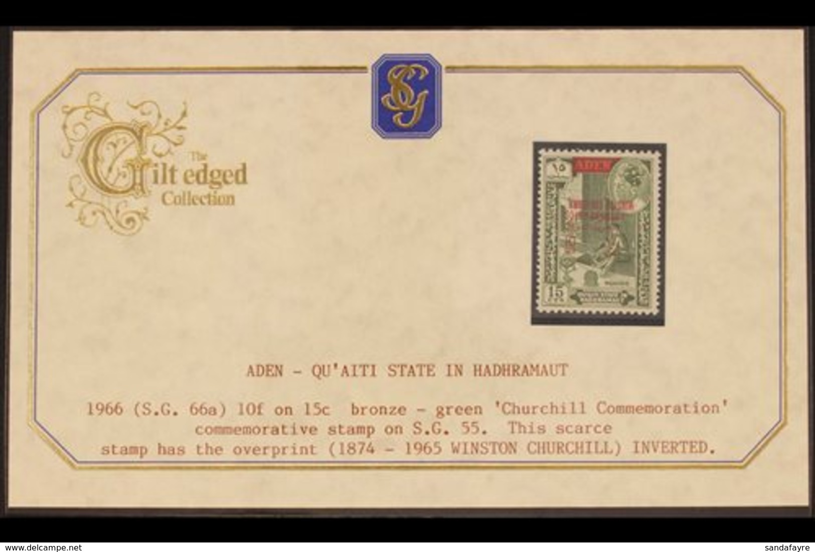 HADHRAMAUT  1966 10f On 15c Bronze Green "Winston Churchill" INVERTED OVERPRINT Variety, SG 66a, Never Hinged Mint. For  - Aden (1854-1963)
