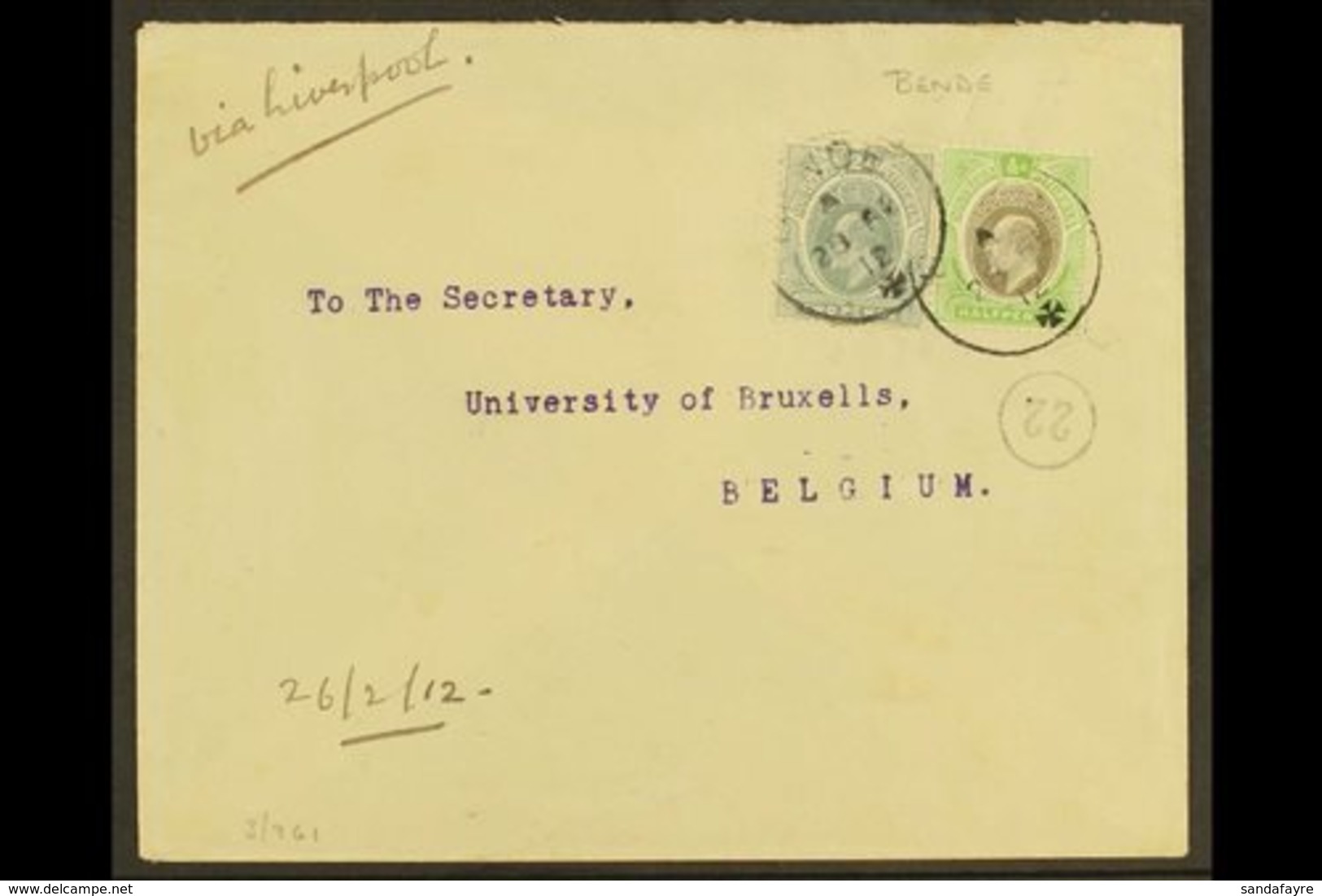 1912  Cover To Brussels, Franked Ed VII ½d Green And Black And 2d Slate Tied By "Bende X" Cds Cancels With Calabar Trans - Nigeria (...-1960)