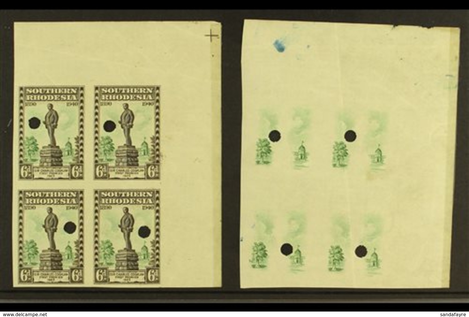 1940  6d Chocolate And Green BSAC Golden Jubilee IMPERFORATE PROOF BLOCK OF FOUR In The Issued Colours Each With A Puch  - Southern Rhodesia (...-1964)