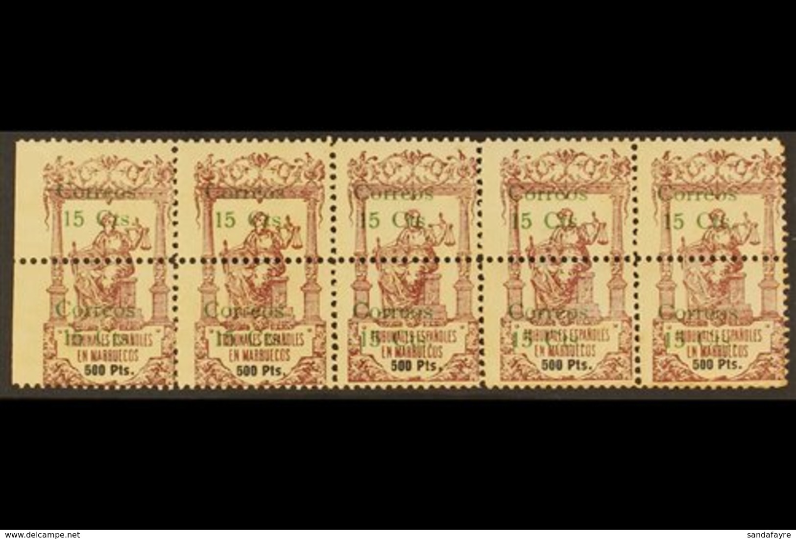 MOROCCO  1920 15c On 500p Fiscal Bisects Strip Of 5 Pairs, Ed 73, SG 98, Toned Paper, Never Hinged Mint (5 Pairs) For Mo - Other & Unclassified