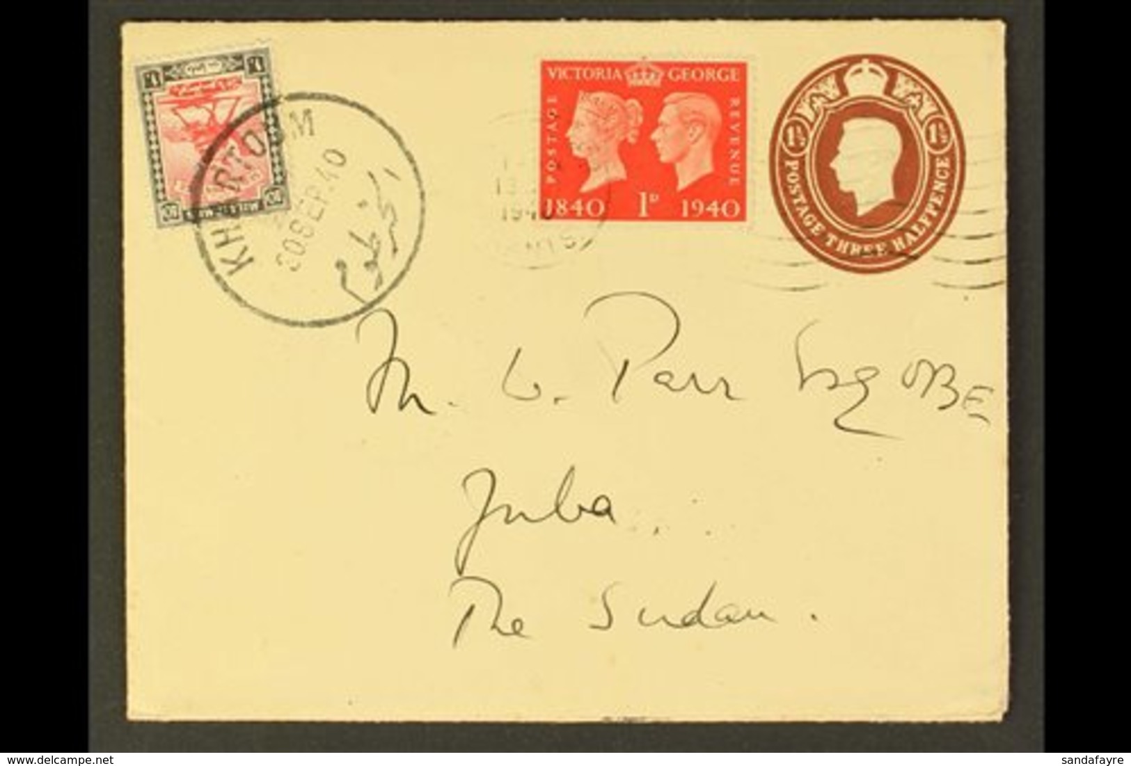 1940  (13 Sept) GB 1½d Envelope With Additional 1940 1d Stamp Centenary Stamp Sent From Winchester To M. W. Parr (the Go - Sudan (...-1951)