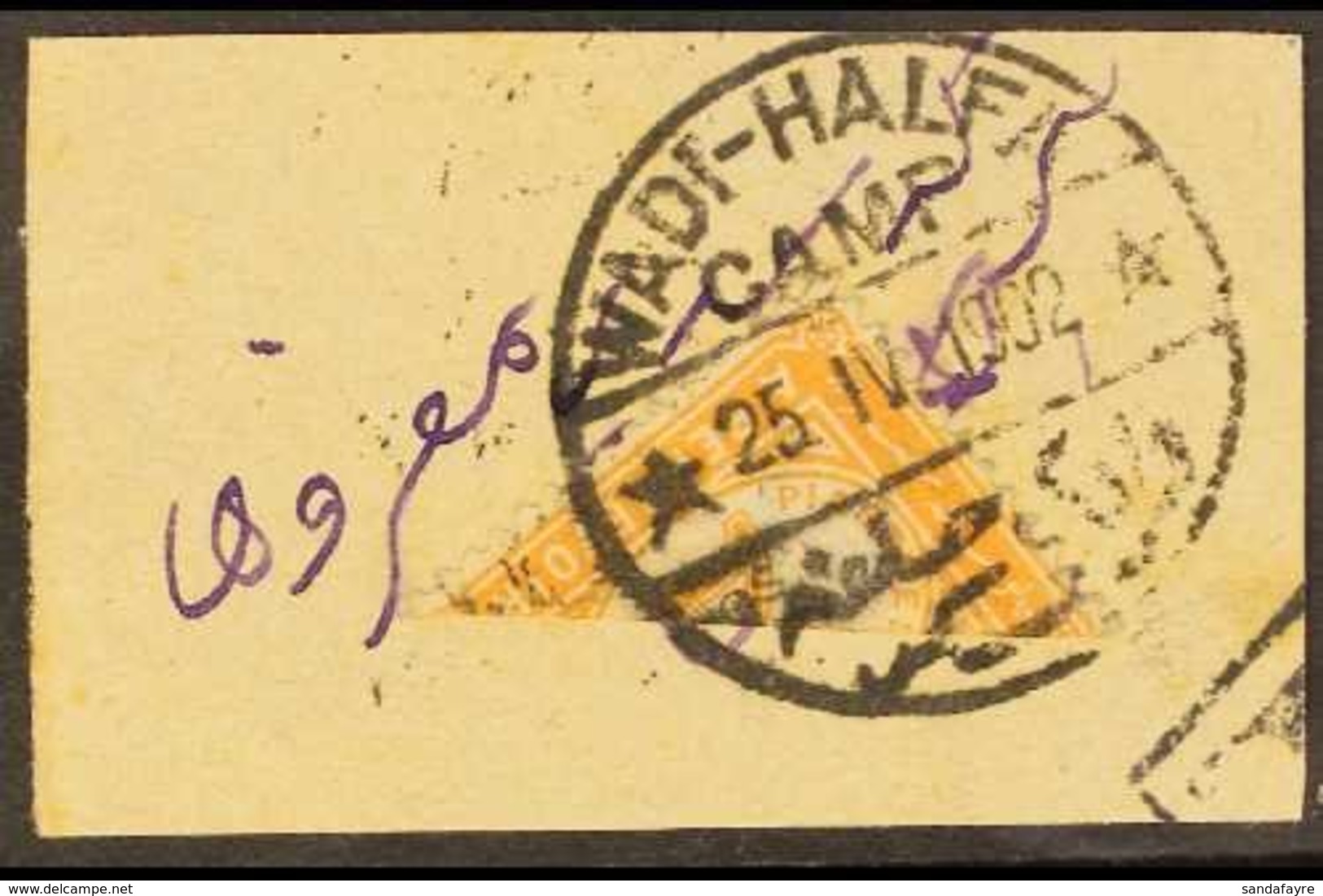 POSTAGE DUE  1897 2p Orange BISECTED On Piece, SG D4a, Tied Wadi-Halfa Camp Cds Of 25/4/02. Very Scarce, Cat £1400 On Co - Soedan (...-1951)